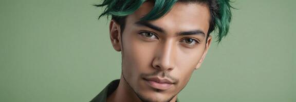 ai generado tiro medio retrato foto de un humillado hermoso masculino modelo con un oscuro verde pelo aislado en un verde claro antecedentes con Copiar espacio bandera modelo. ai generado