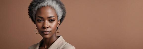 AI generated Midshot Portrait Photo Of A Gloomy African American Beautiful Female Model With A Grey Hair Isolated On A Sienna Background With Copy Space Banner Template. AI Generated