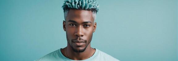 AI generated Midshot Portrait Photo Of A Sentimental African American Handsome Male Model With A Aqua Hair Isolated On A Aquamarine Background With Copy Space Banner Template. AI Generated