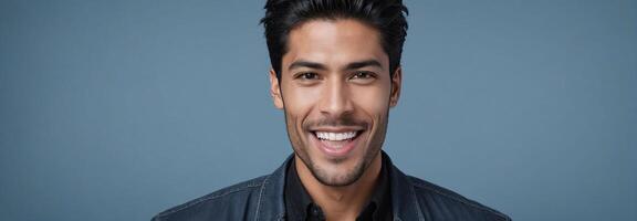 AI generated Midshot Portrait Photo Of A Ecstatic Handsome Male Model With A Black Hair Isolated On A Slateblue Background With Copy Space Banner Template. AI Generated