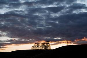 Sunset the sun illuminates the clouds in the sky, pink clouds float over the field, the silhouette of a tree on the mountain, the landscape of sunset, cloudy weather photo