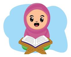 cute cartoon muslim girl reading the Quran in month ramadan fasting vector