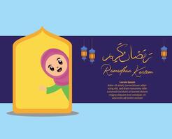 happy ramadhan kareem background with cartoon kid cute muslim girl vector