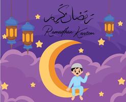 cute muslim boy sitting at crescent moon vector