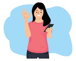 woman holding smartphone and showing OK sign finger or woman online shopping using app smartphone vector