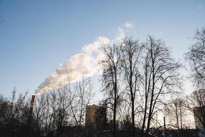 el ciudad es contaminado por perjudicial emisiones viniendo fuera de el tubería de el planta. el carbón huella caídas en edificios, clima calentamiento, un tubo en contra el cielo. foto