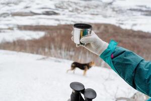 termo jarra en un de la persona mano en contra el antecedentes de el bosque, el concepto de Bebiendo caliente bebidas en el nieve en invierno, sostener un vaso en tu mano, foto