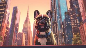 francés buldog, francés buldog en ciudad fondo, linda perro en ciudad antecedentes Copiar espacio. perro imagen con gratis espacio para publicidad impresión foto