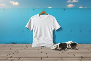 ai generado blanco camiseta con Gafas de sol en azul pared antecedentes. 3d representación foto