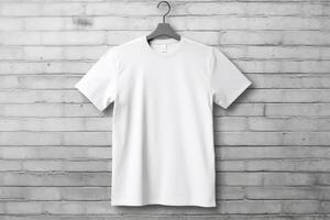 AI generated White t-shirt on hanger on brick wall background. Mockup for design photo