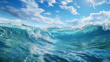AI generated Blue ocean wave with sun flare. 3D Rendering and illustration photo