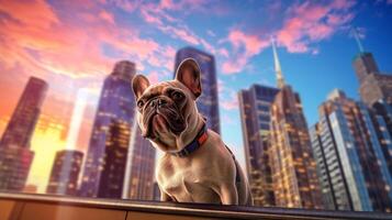 ai generado francés buldog, francés buldog en ciudad fondo, linda perro en ciudad antecedentes Copiar espacio. perro imagen con gratis espacio para publicidad impresión foto