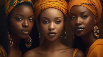 AI generated Three African American women in traditional clothing and headscarf. Fashion shot. photo