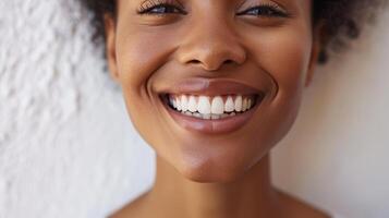 AI generated Close up of a smiling young african american woman with white teeth photo