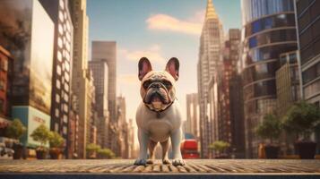 french bulldog, french bulldog on city background, cute dog on city background copy space. Dog picture with free space for advertising print photo