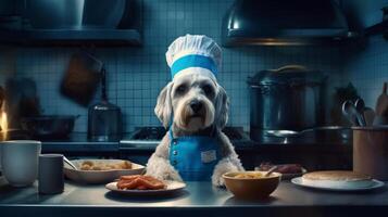 ai generado un perro en un del chef sombrero y un azul delantal es preparando comida en el cocina. foto