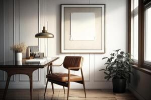 AI generated Interior of modern office with white walls, wooden floor, comfortable brown armchair and window with sunlight. Mock up poster frame. 3d rendering photo