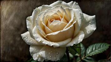 ai generado el belleza de sencillez capturado en agua gotas en un prístino blanco Rosa pétalo. foto
