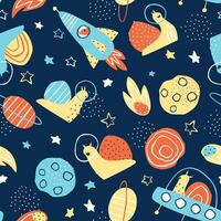 Seamless pattern of snails traveling in space on a dark background vector