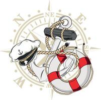 nautical design of a captain's hat a life buoy and an anchor vector