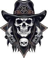 cowboy skull with hat, a smaller skulls and two side guns. vector