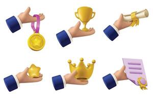 Hand holding award icons - crown, medal, certificate, prize, graduation cap, and star. Graduation Icons set in 3D vector render style.
