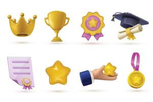 Set of award icons including a crown, medal, certificate, prize, graduation cap, and star in 3D vector render style.