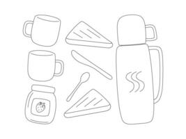 Outline vector elements for picnic, camping and hiking. Travel thermos with hot drink and mugs. Toast, slices of bread and jar of strawberry jam. Set of linear objects isolated on white background