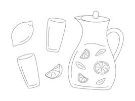 Pitcher of lemonade and glasses in line style. Vector jug and glasses, lemon and slice of lemon isolated on white background