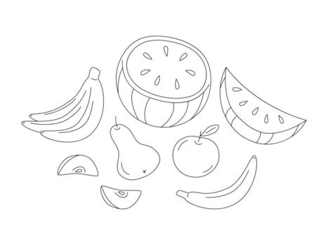 Set of fruits in line art style. Pear, apple and slices. Half a Watermelon and bananas. Simple linear still life. Vector set isolated on white background