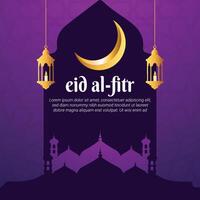 Eid al Fitr greeting card with crescent moon and lanterns vector