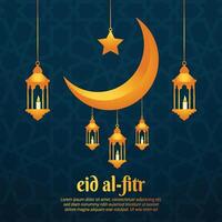 Eid al Fitr greeting card with crescent moon and lanterns vector