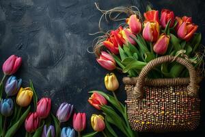 ai generado Pascua de Resurrección tarjeta con tulipanes y huevos en el pantalla, en el estilo de oscuro negro y amarillo, crudo materiales, natural materiales generativo ai foto