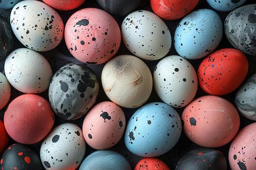 AI generated colorful round eggs scattered on black and white background, in the style of dark beige and light azure, vibrant pastels, close-up. Generative AI photo