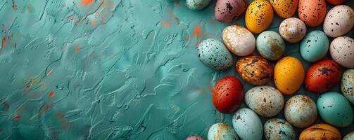 AI generated large colorful spooled eggs against turquoise background, in the style of pastel gothic, playful use of negative space, dark turquoise and light black. Generative AI photo