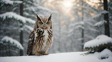 AI generated An owl sits on the ground. On a snowy landscape. Generative AI photo