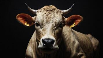 AI generated Portrait of a bull looking at the camera. Close up. Isolated on black background. Generative AI photo