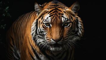 AI generated Close-up portrait of a tiger. Isolated on black background. Generative AI photo