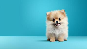 AI generated Small Dog Sitting on Top of Blue background. Generative AI. photo