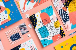 AI generated Colorful abstract stationery collection with vibrant patterns and creative layouts on pink background generative ai photo