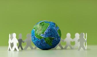World Earth Day Concept. Green Energy, ESG, Renewable and Sustainable Resources. Environmental Care. Paper Cut as Group of People  Embracing a Green Globe. Protecting Planet Together. Top View photo