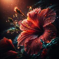 AI generated Petals Adorned Close Up Hibiscus in Dewy Splendor photo