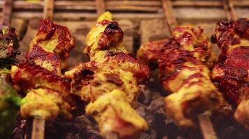 A kebab maker turns over kebabs of chicken, Seekh kebab roasting on skewers, video