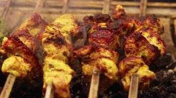 Closeup shot of Kebabs being prepared at a restaurant, Juicy seekh kebab on skewers video