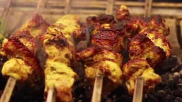 Closeup shot of Kebabs being prepared at a restaurant, Juicy seekh kebab on skewers video