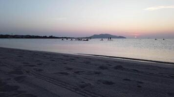 A group of people with paddle boards are relaxing by the sea at dawn on a sunny day. video