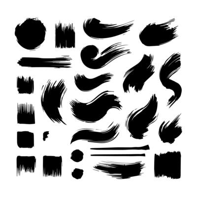 Big collection of black paint, ink brush strokes, brushes, lines, grungy. Dirty artistic design elements, boxes, frames. Vector illustration. Isolated on white background. Freehand drawing.