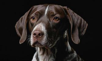 AI generated A brown and white dog with its head tilted to the side, looking up at the camera. photo