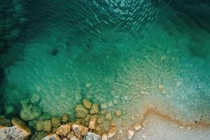 ai generado el calma de Oceano olas en un abandonado playa, turquesa mar y intacto playa aéreo ver de un pacífico, abandonado playa con calma Oceano olas suavemente rotura en contra arenoso costas foto