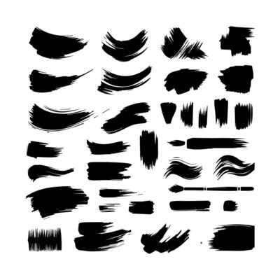 Big collection of black paint, ink brush strokes, brushes, lines, grungy. Dirty artistic design elements, boxes, frames. Vector illustration. Isolated on white background. Freehand drawing.